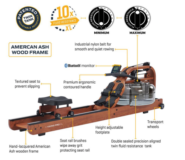 FluidRower Viking Pro XL - Rudergerät aus Holz mit Wasserantrieb